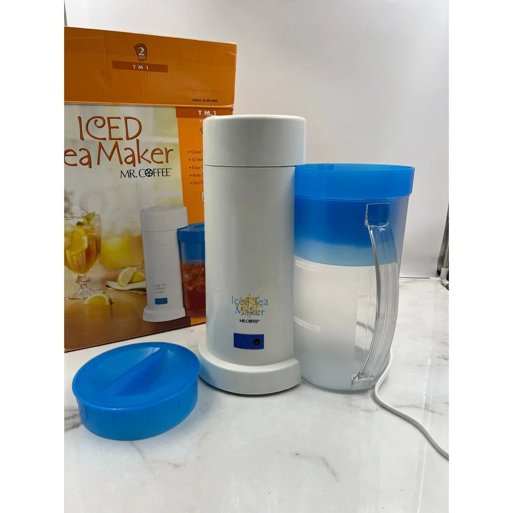 Mr. Coffee TM1 2-Quart Iced Tea Maker Electric Brewer White Blue Pitcher